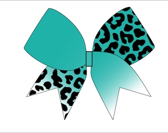 Könnte beinhalten: Eine Haarschleife in Teal und Schwarz mit Gepardenmuster. Die Schleife besteht aus zwei Stofflagen, wobei die obere Lage Teal und die untere Lage ein schwarzes Gepardenmuster hat.
