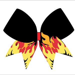 May include: A black bow with a red center and yellow and red flame design.