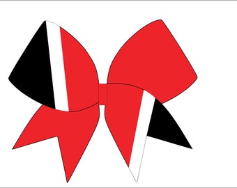 May include: A red, white, and black bow with a large, centered knot. The bow is made of fabric and has a glossy finish.