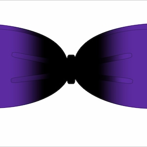 Pode incluir: Uma gravata borboleta roxa com um centro preto. A gravata borboleta tem um degradado de roxo escuro para roxo claro.