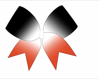 May include: A black and white bow with red and white gradient tails. The bow is a simple design with a rounded shape.