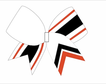 May include: A white cheerleading bow with black and orange stripes and accents. The bow has a rectangular center and a classic bow shape, with a white background.