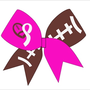 May include: A pink and brown cheer bow with a white ribbon and a football design. The football has white stitching and a white ribbon.