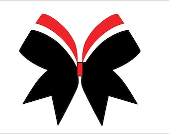 May include: A black bow with red and white stripes. The bow is a common accessory for cheerleaders.