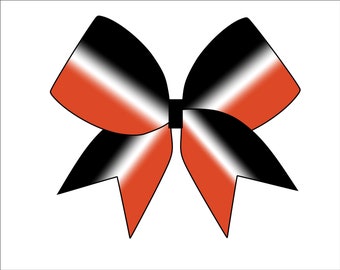 May include: A digitally rendered bow with a gradient design. The bow features a color scheme of black, white, and orange. The bow is centered on a white background.