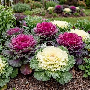 Puede incluir: Un parterre de jardín con varias plantas de col ornamental con hojas rizadas en tonos magenta intenso, morado y blanco crema. Las plantas están dispuestas en un grupo con follaje exterior verde y centros densos y coloridos en la tierra.