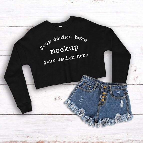 Bella Canvas Black Crop Sweatshirt Mockup Pdf Mockup Jpeg Etsy