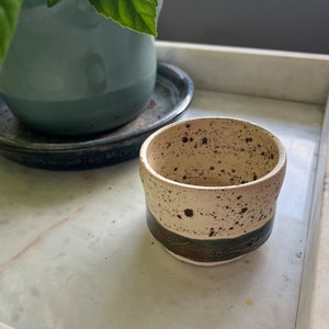 May include: A small, speckled white ceramic planter with a brown and green band around the rim. The planter is sitting on a white marble surface.