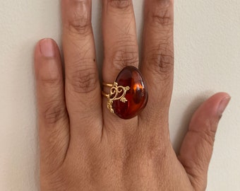 Blood Amber Ring Quality Cherry Baltic Amber Gemstone and Sterling Silver Ring Large Oval Shape Adjustable Ring Heart Motif