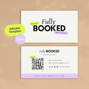 Puede incluir: Dos tarjetas de visita con el texto "Fully Booked" en negrita negra. La tarjeta superior tiene el texto "Hey there :) Nice to meet you!" en un óvalo verde claro y morado. La tarjeta inferior tiene un código QR e información de contacto.
