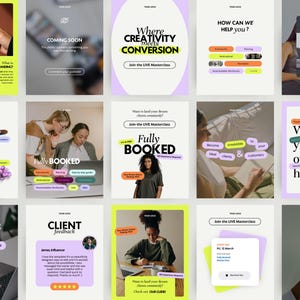 May include: A collection of social media marketing graphics with text overlays. The images feature phrases like "Branding," "Fully Booked," and "Client Feedback." The color palette includes yellow, purple, and white, with images of people using laptops and phones.