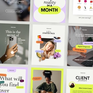 Puede incluir: Una colección de plantillas de marketing en redes sociales con superposiciones de texto. Las plantillas presentan frases como "realidad en un mes", "Este es el secreto de los perfiles sociales de alto rendimiento" y "Lili's Starter Pack".