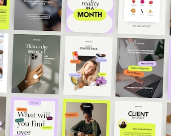 May include: A collection of social media marketing templates with text overlays. The templates feature phrases like "reality in a month", "This is the secret of high performing social profiles", and "Lili's Starter Pack".