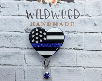 Thin blue line flag heart retractable badge reel | ID holder | police | law enforcement | first responder