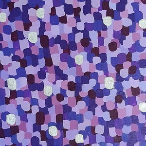 May include: Abstract painting with a purple, lavender, and silver color scheme. The painting is made up of many small, irregular shapes.
