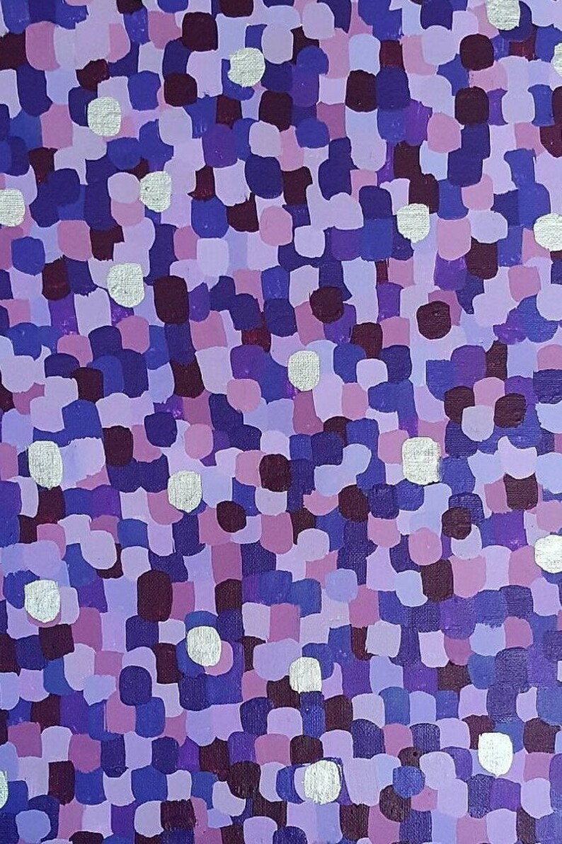 May include: Abstract painting with a purple, lavender, and silver color scheme. The painting is made up of many small, irregular shapes.