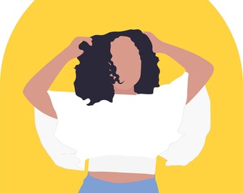 May include: Illustration of a person in a white top and blue shorts, with dark curly hair. The background is a yellow arch shape.