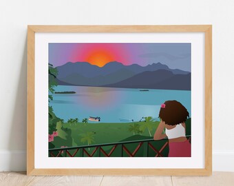 May include: A framed art print depicts a sunset over a tranquil lake and mountains. A person with dark hair and a pink flower is looking out over a railing. Palm trees and tropical plants frame the scene, with a boat on the water.