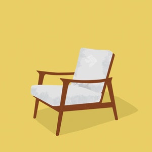 May include: Illustration of a mid-century modern armchair. The chair features a white cushion and backrest, with a wooden frame and armrests. The chair is set against a yellow background, with a shadow cast to the right.