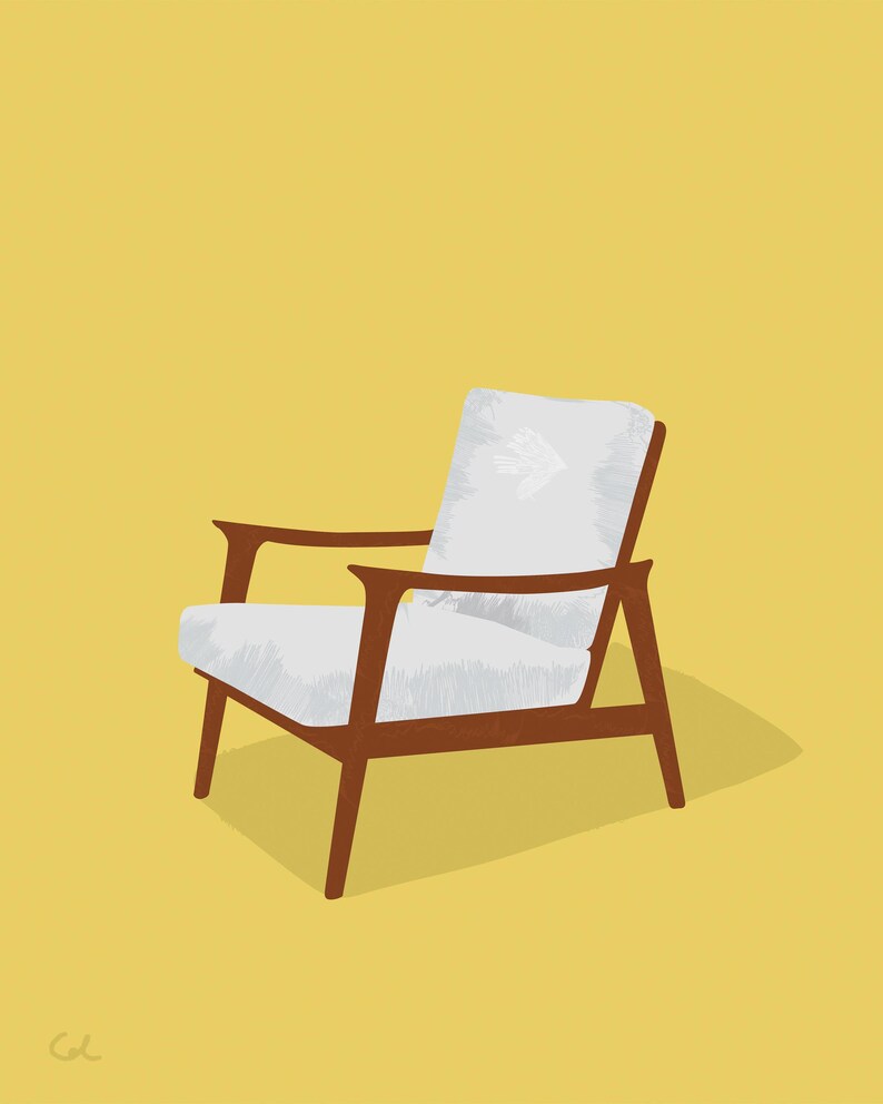 May include: Illustration of a mid-century modern armchair. The chair features a white cushion and backrest, with a wooden frame and armrests. The chair is set against a yellow background, with a shadow cast to the right.