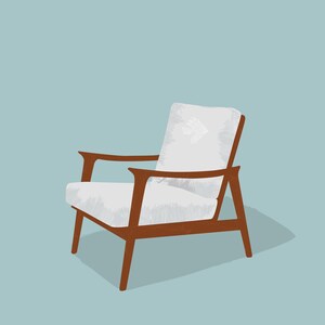 May include: Illustration of a mid-century modern armchair. The chair has a white cushion and backrest, with a brown wooden frame and armrests. The chair is set against a light blue background.
