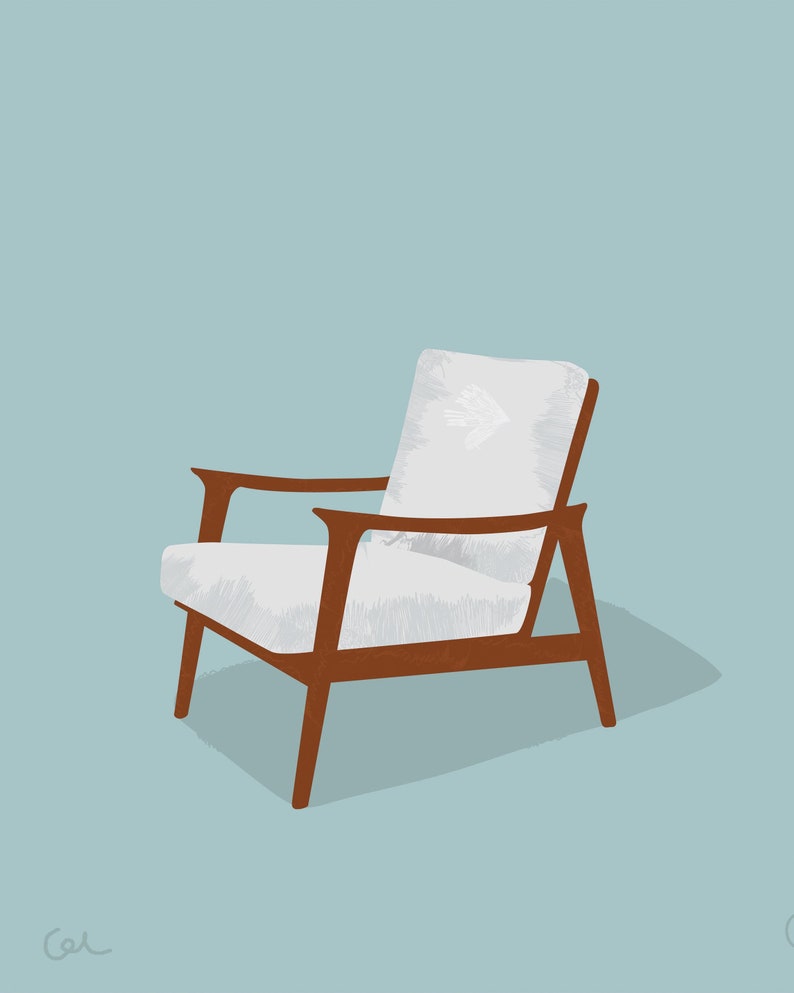 May include: Illustration of a mid-century modern armchair. The chair has a white cushion and backrest, with a brown wooden frame and armrests. The chair is set against a light blue background.
