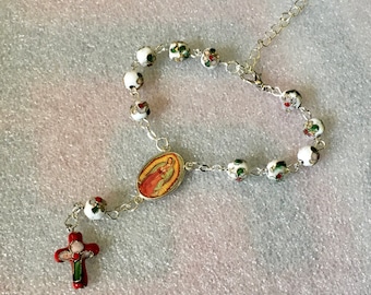 New Virgen De Guadalupe Cloisonné White Rosary Bracelet, red cross , cloisonne bracelet, cloisonne small beads