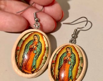 New Virgen de Guadalupe Earrings,Mary lady,catholic,religious , aretes, virgen maria, wood base,glass cabochon