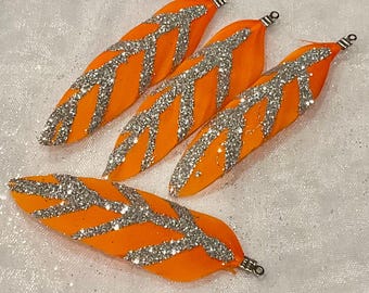 New 4pc Orange/silver Glitter small feathers charms, tassel, jewelry making, pendant,etc