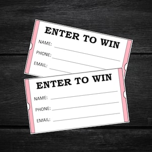 Op de afbeelding: Twee roze en witte toegangskaarten met de tekst "Enter to Win" en lege regels voor naam, telefoon en e-mail.