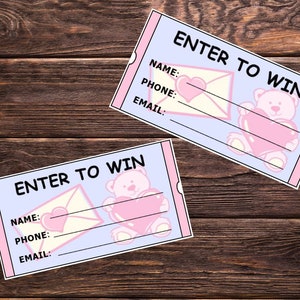 Valentijnskaarten voor loterij DENK OM Roze-paarse teddybeer | Afdrukbare pdf-tickets | Downloadbaar pdf-document | Valentijns loterij