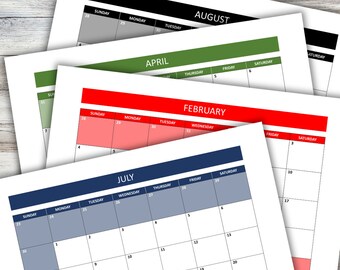 2024 Printable Calendar Monthly | Bundle of 4 | Download Minimalist Black Blue Red Green | 12 Month Year Calendars | January - December PDF