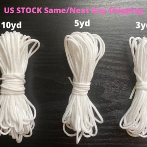1/8" Round Elastic Cord For Face Mask, Soft Elastic for Sewing Masks, Elastic Cord for Masks from the USA, White Ear Loop Elastic (3 mm)