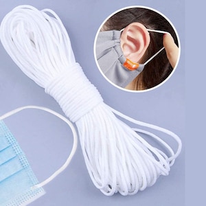 3 mm 1/8" Round Elastic Cord For Face Mask, Soft Elastic for Sewing Masks, Elastic Cord for Masks from the USA, White Ear Loop Elastic