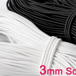 3 mm 1/8&quot; Round Elastic Cord For Face Mask, Soft Elastic for Sewing Masks, Elastic Cord for Masks from the USA, White and Black Elastic