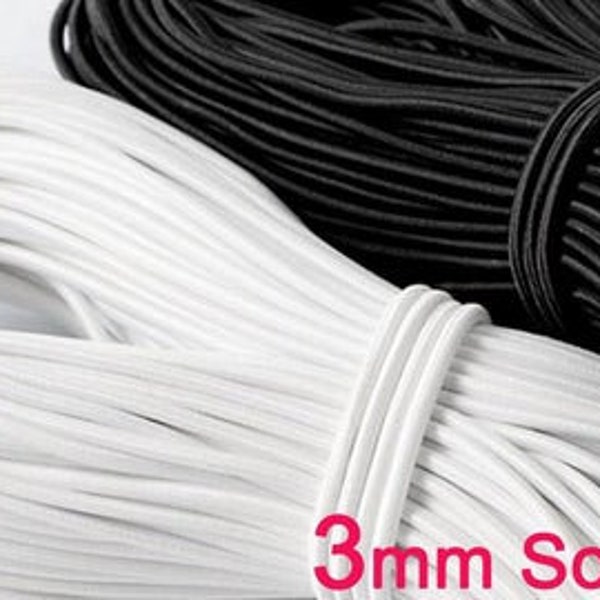 3 mm 1/8" Round Elastic Cord For Face Mask, Soft Elastic for Sewing Masks, Elastic Cord for Masks from the USA, White and Black Elastic