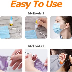 May include: Two methods for attaching ear loops to face masks. The first method uses glue to attach the loops to the mask. The second method uses a needle and thread to attach the loops to the mask.