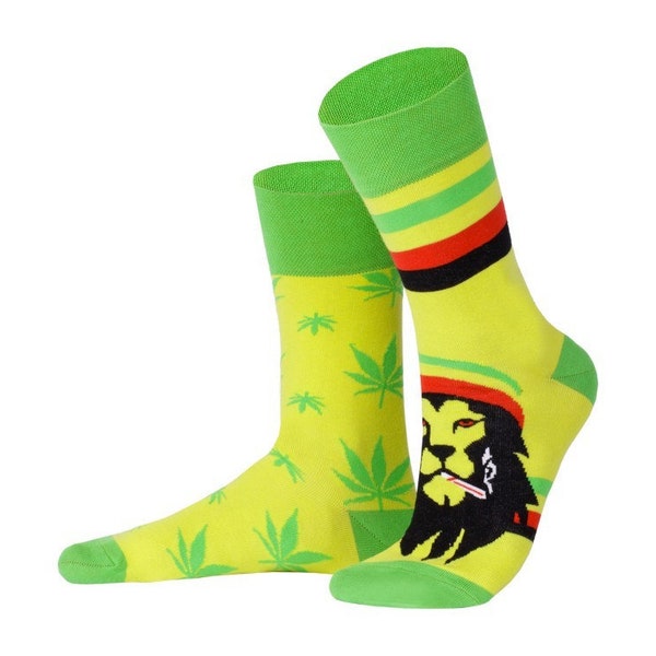 Rasta Lion Socks - Weed Leaf Socks for Men and Women, Mid Calf Socks, Fun Socks, Marijuana Leaf Socks - Made with Premium Combed Cotton