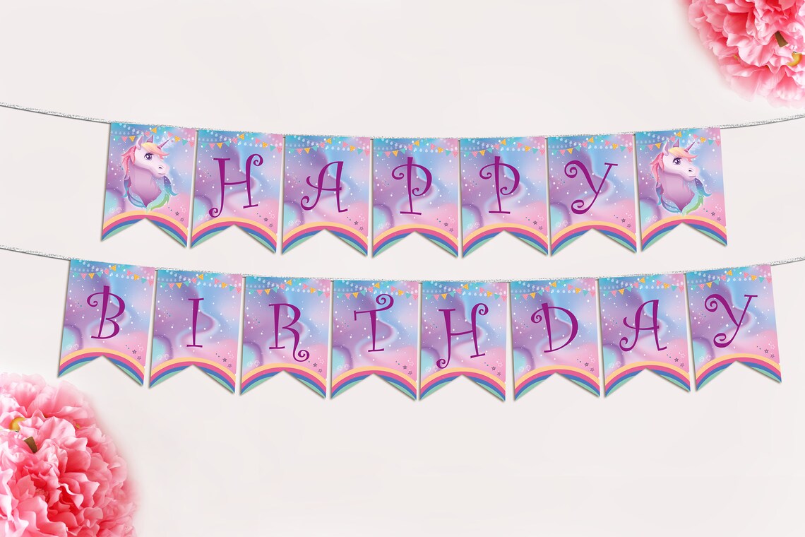 Printable Unicorn Happy Birthday Banner Rainbow Unicorn | Etsy