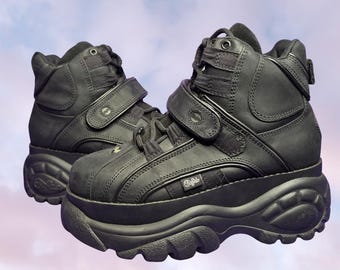 Vtg Vintage 1990s Buffalo London Black Classic Leather Platform Chunky Spice Girls Retro High Punk Festival Rave Gothic Sneakers Size 38
