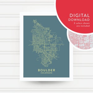 Può includere: Un download digitale di una mappa di Boulder, Colorado. La mappa è in stile minimalista con uno sfondo blu e linee gialle. Il testo "BOULDER COLORADO" è in fondo alla mappa. L'immagine è incorniciata in una cornice bianca.