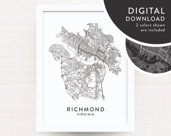 RICHMOND VA Map Digital Download / Printable Wall Art / Richmond Decor / Richmond Printable / Richmond Map Poster / Instant Download / B+W