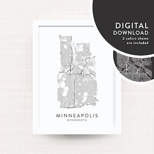 May include: A black and white printable map of Minneapolis, Minnesota. The map shows the city's streets and major landmarks. The text "MINNEAPOLIS" and "MINNESOTA" is printed below the map.