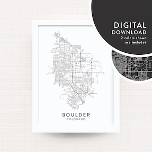 Puede incluir: Un mapa imprimible de Boulder, Colorado, con fondo blanco y líneas negras que muestran las calles de la ciudad. El texto "BOULDER COLORADO" está impreso debajo del mapa.