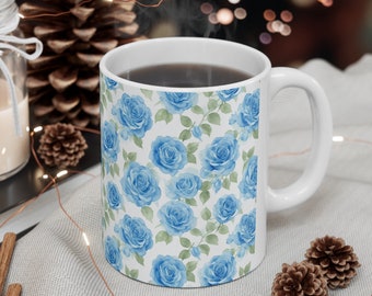 Blue Roses Floral Mug | Gifts for Women | Coffee Lover Trendy Watercolor Ceramic | Her Wildflower Tea Cup | Mom Housewarming Kitchen Décor