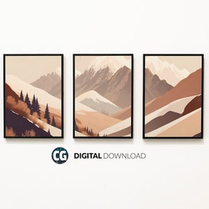 Boho Mountain Landscape Wall Art Set of 3 Triptych Print | Brown Minimalist Home Decor | Abstract Modern Home Decor Printable Download