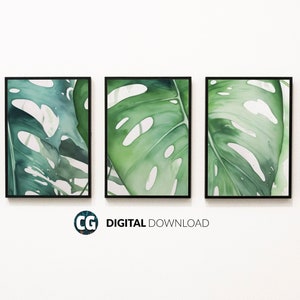 Watercolor Monstera Triptych Wall Art Set of 3 | Sage Green Botanical Print Set | Living Room Wall Art | Tropical Floral Art Printable