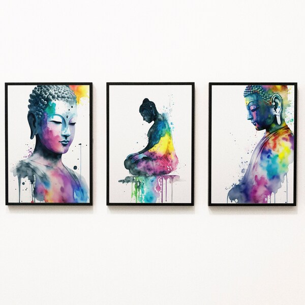 Buddha Watercolor Wall Art Set of 3 | Buddhism Home Decor Bundle | Religous Art Decor Painting Instant Digital Download