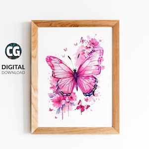 Pink Butterfly Wall Art Print | Pink Nature Lover Art | Farmhouse Decor | Butterfly Watercolor Painting Printable | Gift for Daughter