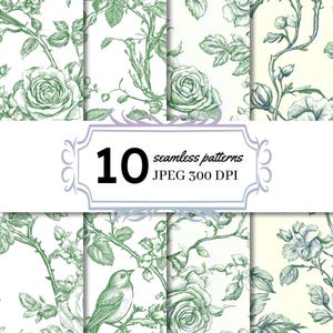 Toile de Jouy chinoiserie verde / Patrón sin costuras / Fondo de toile vintage / Papel digital floral verde y blanco / Diseño floral victoriano